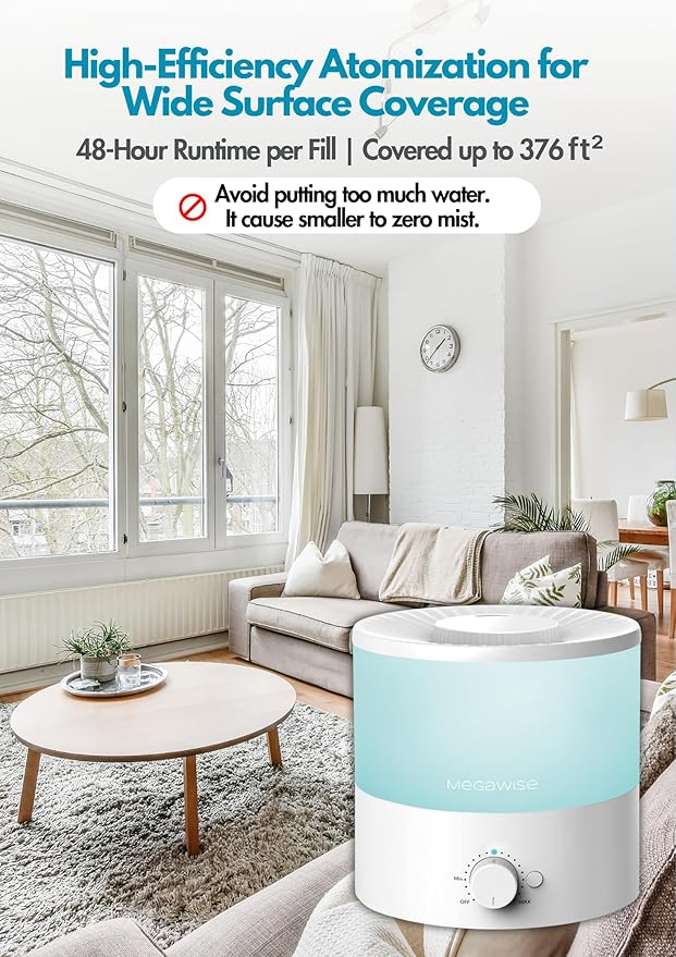 MEGAWISE 1.5L Cool Mist Humidifier for Bedroom, Home, Office, and Plants, Essential Oil Diffuser with Adjustable Mist Output, 25dB Quiet Ultrasonic, Up to 10 Hours, Easy to Clean