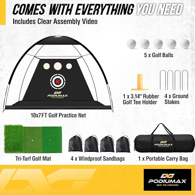 PodiuMax Golf Net, 10x7ft Golf Practice Net and Mat, Noise Reduce Target, 5 Balls, 4 Sandbags, Tee, Carry Bag, Hitting Nets for Backyard Garage, Indoor Driving Chiping, Gift for Men & Golfers
