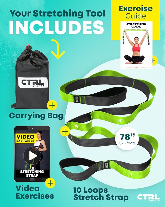 Stretching Strap with Loops - Non Elastic Stretch Band for Physical Therapy, Yoga Strap for Stretching Equipment, Stretch Bands for Exercise and Flexibility - Fascia, Hamstring & Leg Stretcher Belt-FlexoryFit