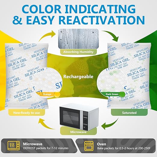 Moisture Absorbers - 50 Gram 22 Packs Silica Gel Packets with Color Indicating, Desiccant Packs for Storage, Food Grade Silica Packets for Seeds, 3D Filaments, Electronics, Safes