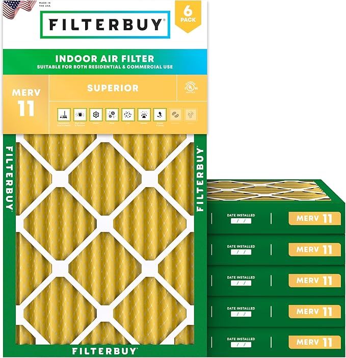 Filterbuy 14x25x2 Air Filter MERV 11 (MPR 1200) Allergen Defense Replacement (6-Pack), Electrostatic Pleated HVAC AC Furnace Filters, Made in USA (Actual Size: 13.50 x 24.50 x 1.75)