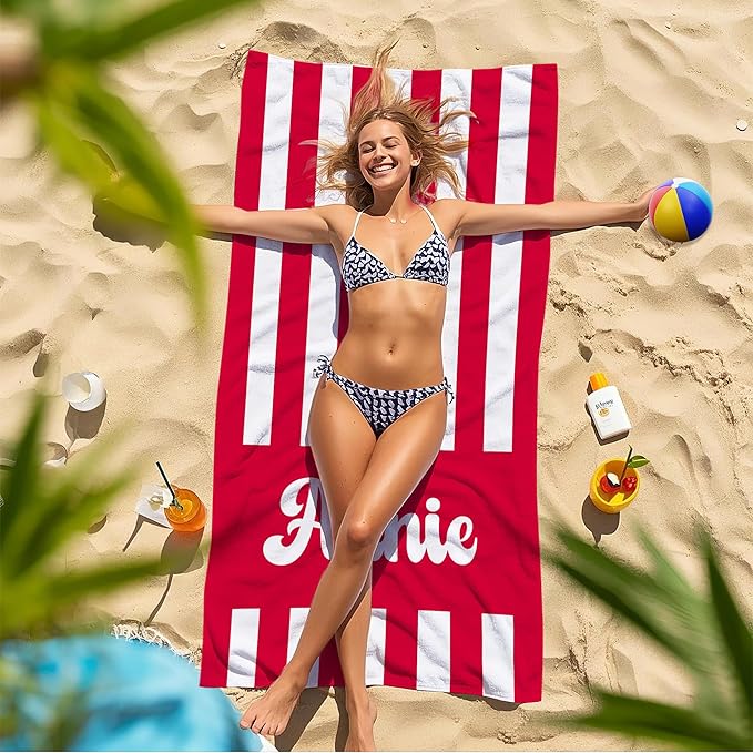 JML Personalized Beach Towel with Name, Custom Cabana Stripe Beach Towel, Customized Microfiber Pool Towel, Quick Dry & Absorbent Swim Towel for Adult,Mother's Day, Birthday, Summer Holiday,Vacation-FlexoryFit