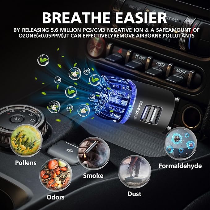 4WDKING Car Air Purifier Ionizer, 12V Plug-in Car Air Freshener Gadgets with Dual USB Charger Removes Cigarette Smoke, Pet and Food Odor, Ionic Ozone (Black)