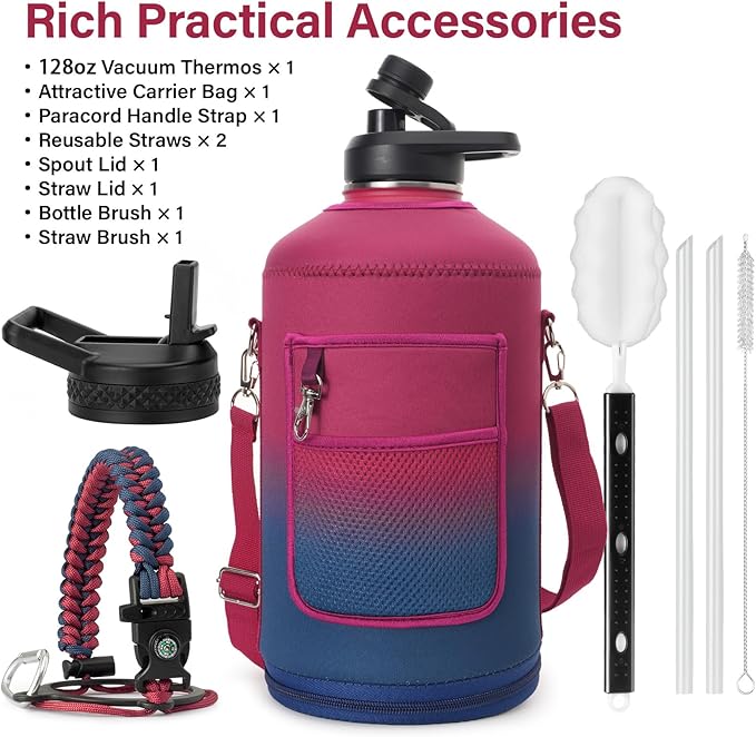 1 Gallon Water Bottle Insulated | Thickened Stainless Steel Vacuum Metal Water Jug | Portable Sports Large for Gym and Hiking with Straw, Carrier Bag, Handle Strap | BPA-Free 128 oz-FlexoryFit