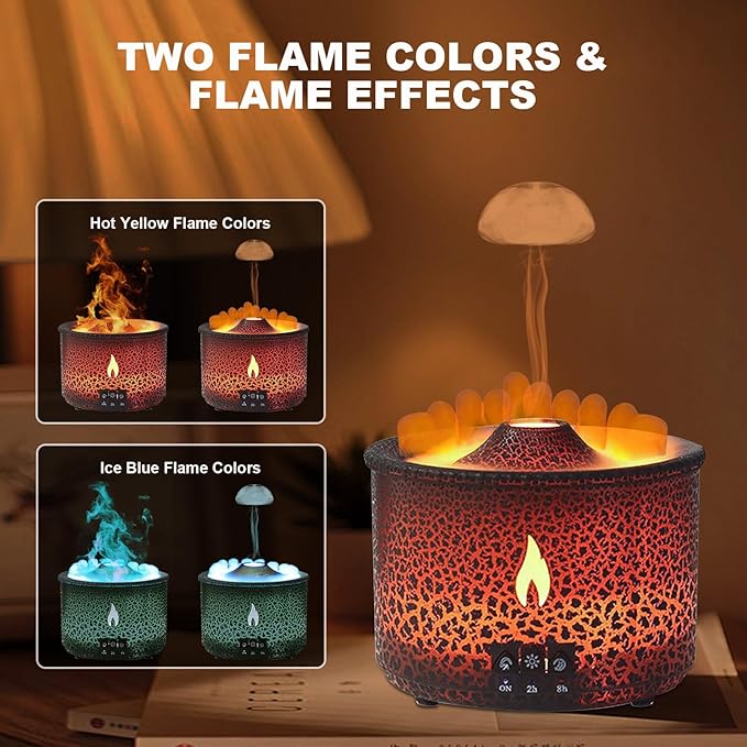 Volcano Humidifier Quiet Flame Diffuser: 300ml Spray Humidifier with 2 Modes Fire Mist Waterless Auto Shut Off Aromatherapy Diffuser with Remote Control for Bedroom Home, Office(Red & Blue)