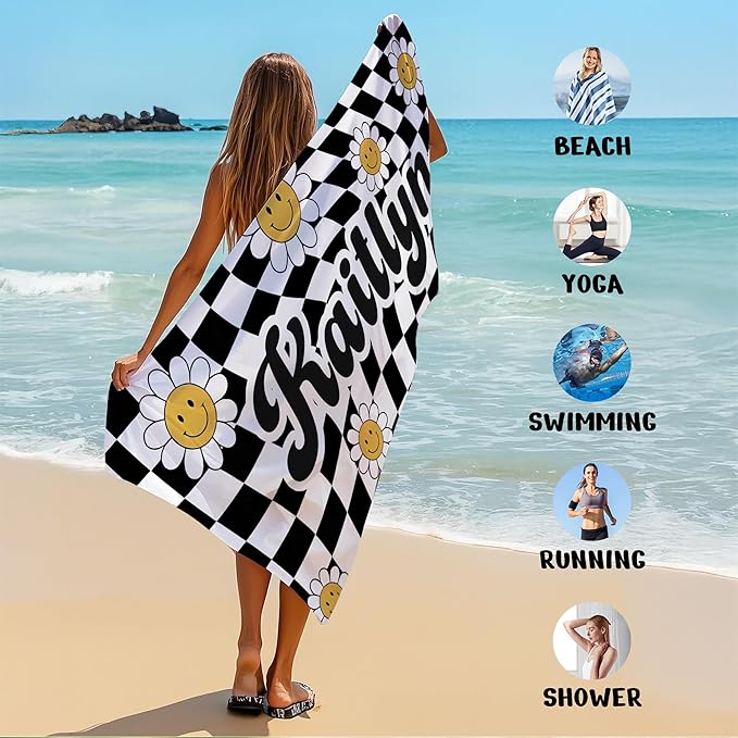 JML Personalized Beach Towel with Name, Custom Flower Beach Towel, Customized Microfiber Pool Towel, Quick Dry & Absorbent Swim Towel for Adult,Mother's Day, Birthday, Summer Holiday,Vacation-FlexoryFit
