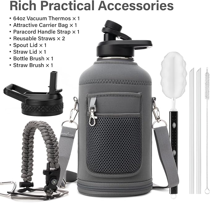 Insulated Water Bottle | Thickened Stainless Steel Vacuum Metal | Portable Sports Half Gallon Large Water Jug for Gym and Hiking with Straw, Carrier Bag, Handle Strap | BPA-Free 64 oz-FlexoryFit