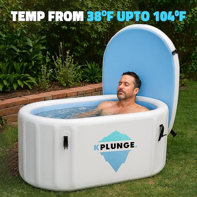 Kodiak 59" 1-Person Inflatable Cold Plunge Ice Bath Tub or Hot Tub with PVC Insulated Lid, Hand Pump, Repair Kit, 110-Gallon Capacity – Chiller Compatible Indoor/Outdoor Tub – Gray