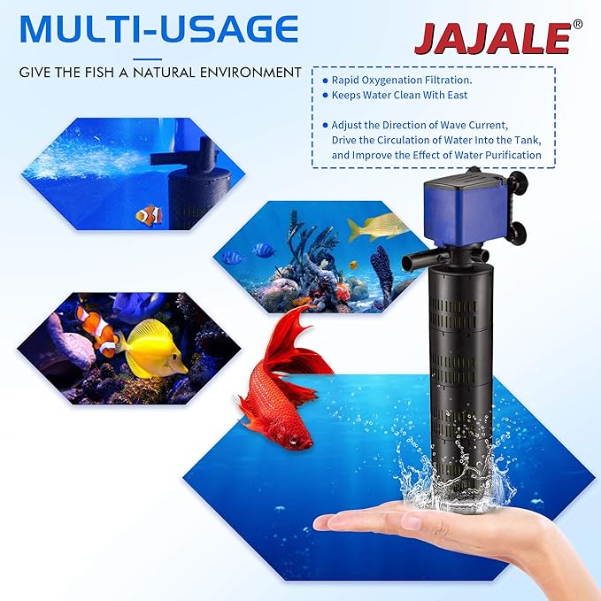 660 GPH Internal Filter Submersible Pump - 3 in 1 Aquarium Fish Tank Pump with Oxygenation, Filtration & Water Cycling, 6.6 ft max lift, 35W