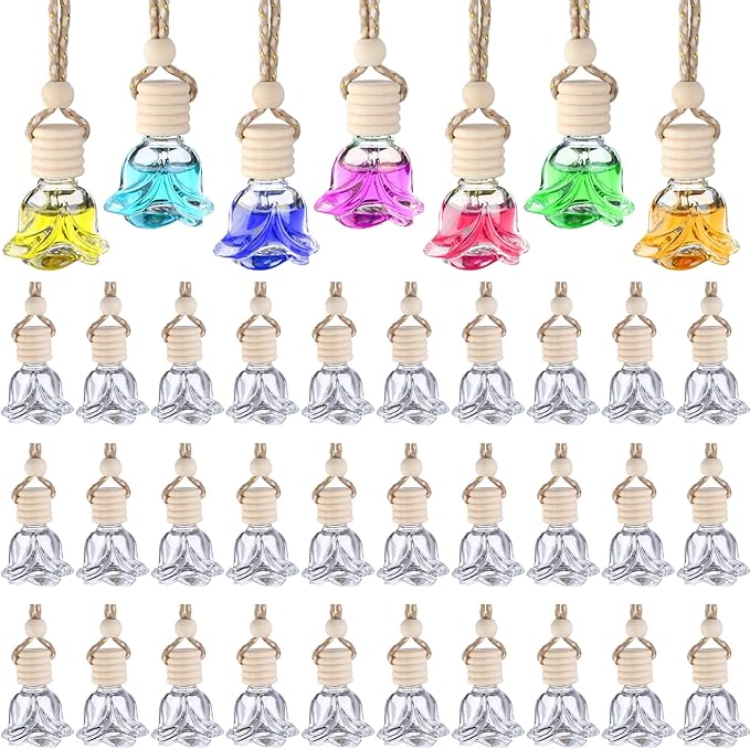 60 Pcs Hanging Car Air Freshener Car Diffuser Bottles Empty Glass Perfume Bottles Air Freshener Diffuser Bottle Pendant for Essential Oils Fragrance Aromatherapy Ornament Decor (Rose Style)