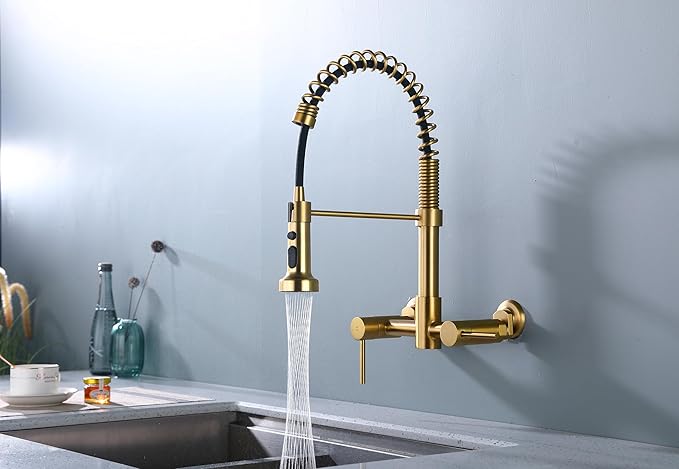 Wall Mount Kitchen Faucet, 8 Inch Center Wall Mount Kitchen Sink Faucet with Pull Down Sprayer, Commercial Brushed Gold