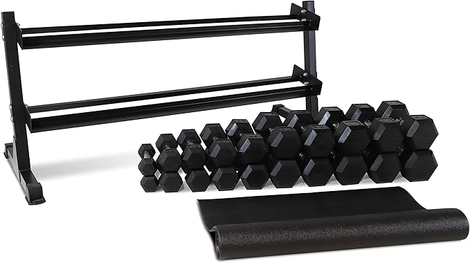 WF Athletic Supply Rubber Coated Hex Dumbbell Set, Multiple Choices Available - Dumbbells with Rack Stand and Mat, or Dumbbells Only (200/550/1200/2100/3000 LB)-FlexoryFit
