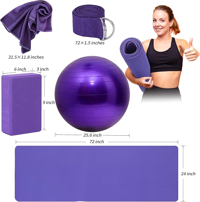 Yoga Starter Kit - 11-Piece Set with Yoga Blocks, Strap, Ball, Mat, Carrying Strap, Net Bag, Cooling Towel-FlexoryFit