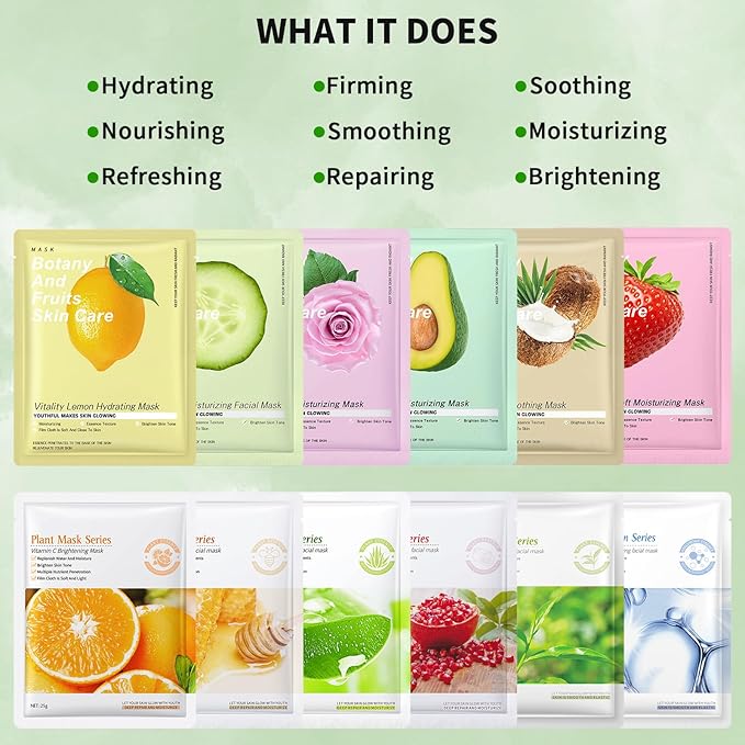 12 Pack Face Masks Skincare, Hydrating Face Masks for Women Skin Care Sheet Face Mask for Kids Teens Girls, Face Sheet Mask for All Skin Types, Skincare Set Gift Spa Party Favors for Girls Teens Women-FlexoryFit