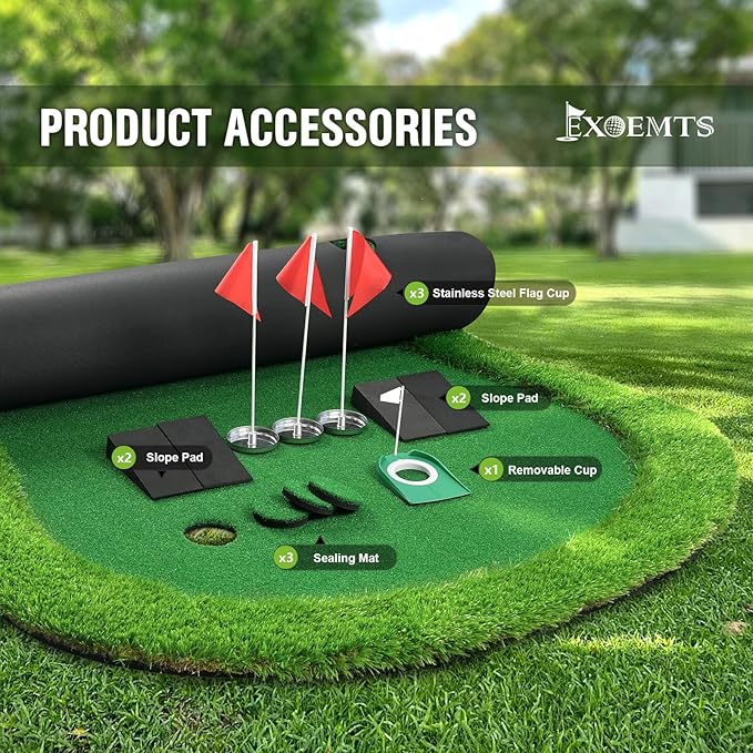 Thickened Realistic Golf Putting Green, 5 x 10ft Professional Golf Practice Training Mat for Indoor Outdoor, 3 Holes, Long Challenging Game Green Mat for Children with Training Aid Put Cup