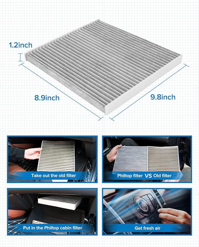 PHILTOP ACF030 (CF12000) Cabin Air Filter, Replacement for Cherokee (2014-2018) Premium Cabin Filter with Activated Carbon Filter Up Dust Pollen Odor