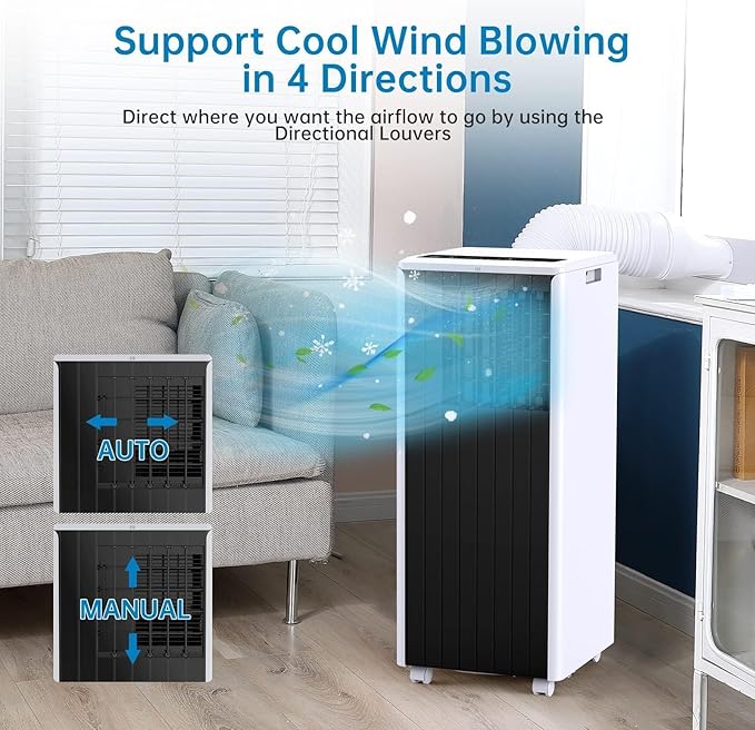 8000 BTU Portable Air Conditioner for Rooms up to 350 Sq. Ft, 3-in-1 Cooling, Dehumidifier & Fan with Quiet Operation, Efficient Cooling, Sleep Mode, 24-Hour Timer & Remote Control, Black Top