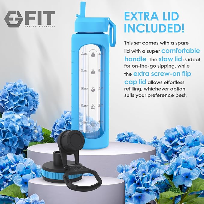 FIT Strong & Healthy 32 oz Glass Water Bottle with Straw Lid, Time Marker, Sleeve & Extra Lid - Motivational, Wide Mouth 1 Liter Glass Drinking Bottle