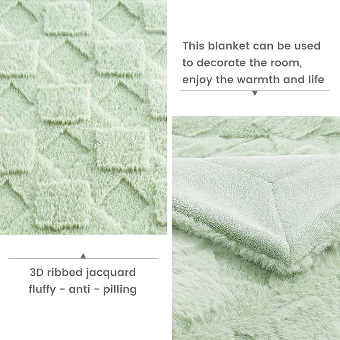 Cozy Bliss Faux Fur Throw Blanket for Couch - Soft Checkered Fuzzy Cozy Throw Gift Blankets for Women,Sage Green Boho Blanket for Sofa Bedroom Living Room.50 * 60 Inches