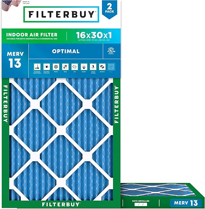 Filterbuy 16x30x1 Air Filter MERV 13 (MPR 1900) Health Defense Replacement (2-Pack), Electrostatic Pleated HVAC AC Furnace Filters, Made in USA (Actual Size: 15.75 x 29.75 x 0.75)
