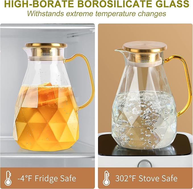 Yirilan Glass Pitcher,74oz/2.2 Liter Water Pitcher with Lid,Beverage Serveware,Iced Tea Pitcher,Water Carafe Handle,Heat Resistant Borosilicate Jug（with Mixing Spoon and Cup Brush）