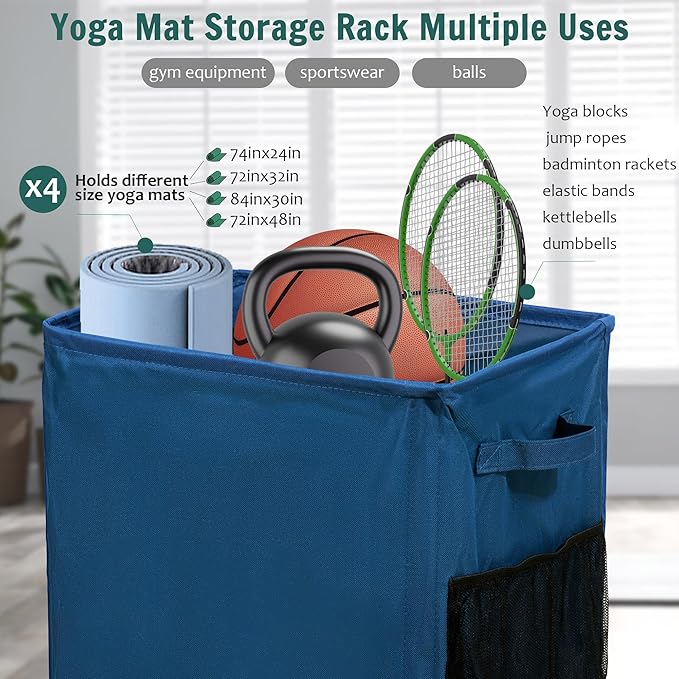 Yoga Mat Storage Racks, Home Gym Storage Rack with Wheels, Yoga Mat Holder Side 2 Mesh Pockets, Yoga Storage Basket Holds 4 Yoga Mats, 2 Foam Rollers, 6 Resistance Bands-FlexoryFit