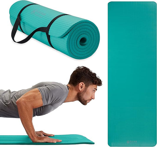 Gaiam Essentials Thick Yoga Mat Fitness & Exercise Mat with Easy-Cinch Yoga Mat Carrier Strap, 72"L x 24"W x 2/5 Inch Thick-FlexoryFit