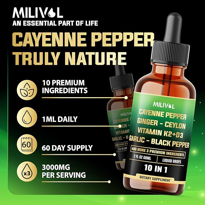 10in1 Cayenne Pepper Liquid Drops + Ginger, Ceylon Cinnamon, Vitamin D3, Vitamin K2, Garlic, Black Pepper and More - Digestion Support - 2 Fl Oz - 2 Months Supply-FlexoryFit