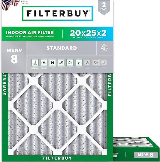 Filterbuy 20x25x2 Air Filter MERV 8 (MPR 700) Dust Defense Replacement (2-Pack), Electrostatic Pleated HVAC AC Furnace Filters, Made in USA (Actual Size: 19.50 x 24.50 x 1.75)