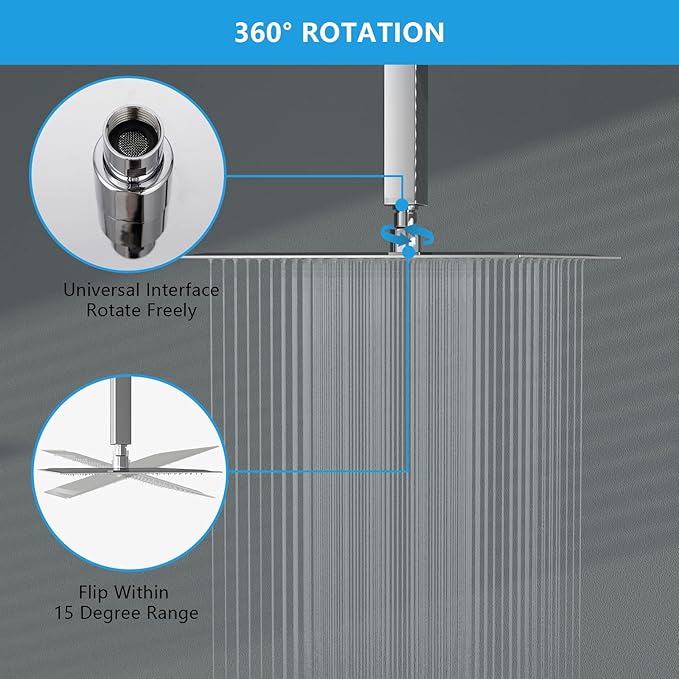 Lordear 16 Inch Rainfall Shower Head Solid Square Ultra Thin 304 Stainless Steel Polish Chrome Rain Shower Head Waterfall Full Body Coverage with Silicone Nozzle
