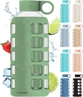 purifyou 40oz / 32oz / 22oz / 12oz Borosilicate Glass Water Bottle with Time & Volume Markers, Silicone Sleeve, Stainless Steel Lid | Reusable Glass Bottle for Water & Juice (22oz Shale Green)