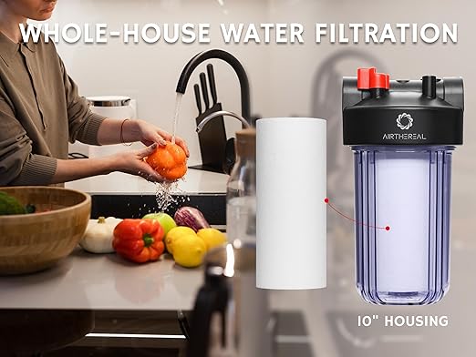 Airthereal Whole House Water Filter Housing, 10" x 4.5" Sediment Carbon Cartridge Universal Housing, Pre-Filtration System for Well and City Water with 1" NPT Port and Include 1-Pack PP Filter
