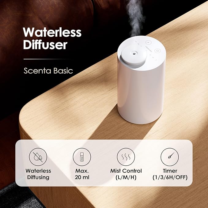 Waterless Diffuser for Essential Oil, Battery Operated Nebulizer, 0.7 Fl.Oz./ 20mL Capacity, Mini Scent Air Machine, 3 Countdown Timers & Mist Levels for Home, Room, Car, Office - AN6 Yogurt