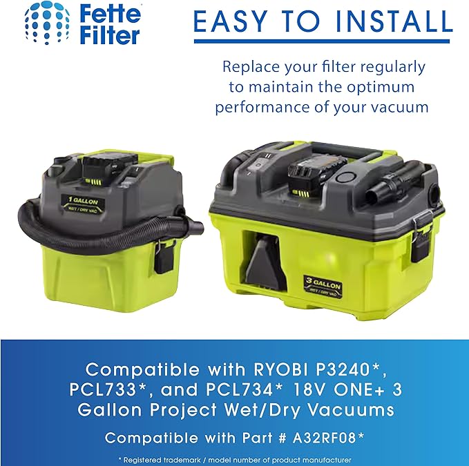 Fette Filter - Fette Filter - A32RF08 Fine Dust Replacement Filter Compatible With RYOBI 18V ONE+ P3240, PCL733, and PCL734 Compare to Part # A32RF08. Pack of 2