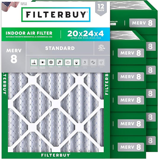 Filterbuy 20x24x4 Air Filter MERV 8 (MPR 700) Dust Defense Replacement (12-Pack), Electrostatic Pleated HVAC AC Furnace Filters, Made in USA (Actual Size: 19.38 x 23.38 x 3.63)