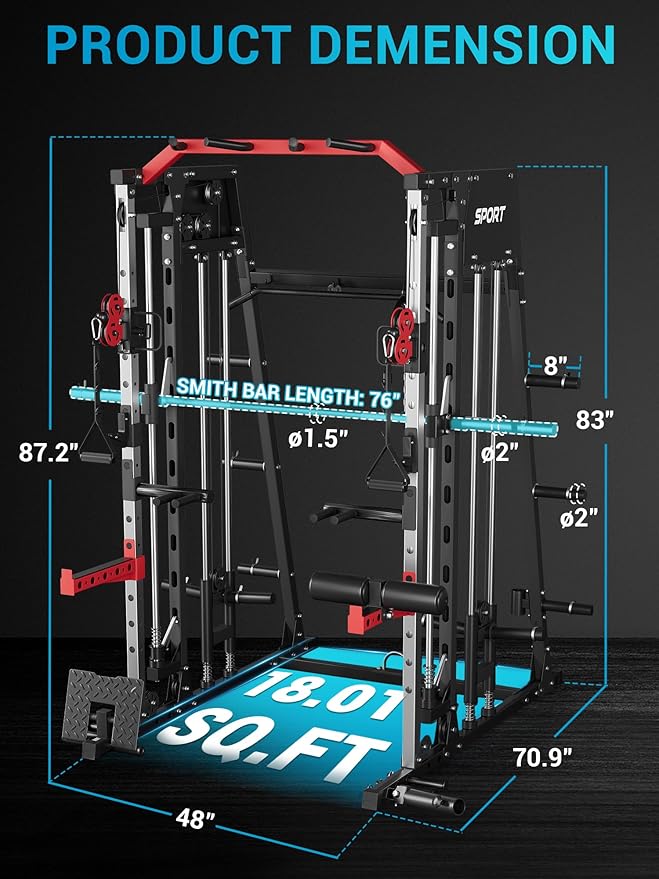Smith Machine, Power Cage Squat Rack with Cable Crossover, Dual Pulley System, Pull-Up Bar, Home Gym Workout Equipment with Attachments for Strength Training and Weightlifting-FlexoryFit