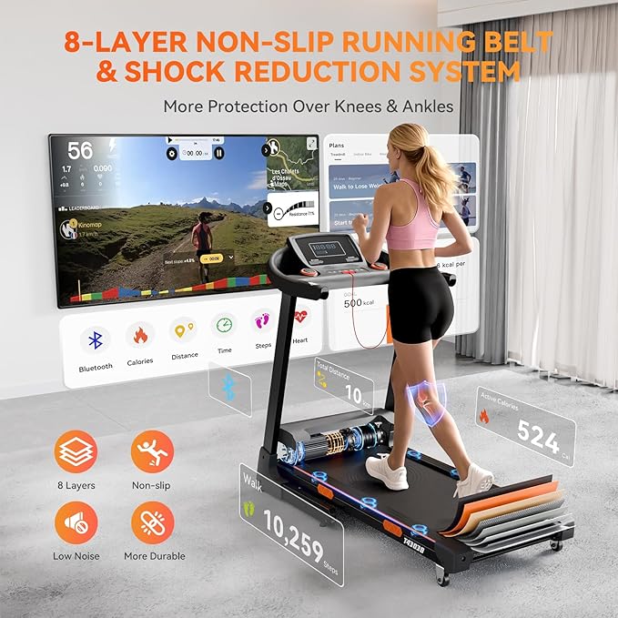 8.7MPH Treadmills for Home, 0%-15% Incline Walking Pad Treadmill with Auto-Folding, 3.5HP Wide Running Area Supports Up to 300lbs User Weight, Bluetooth & Pulse Monitor-FlexoryFit