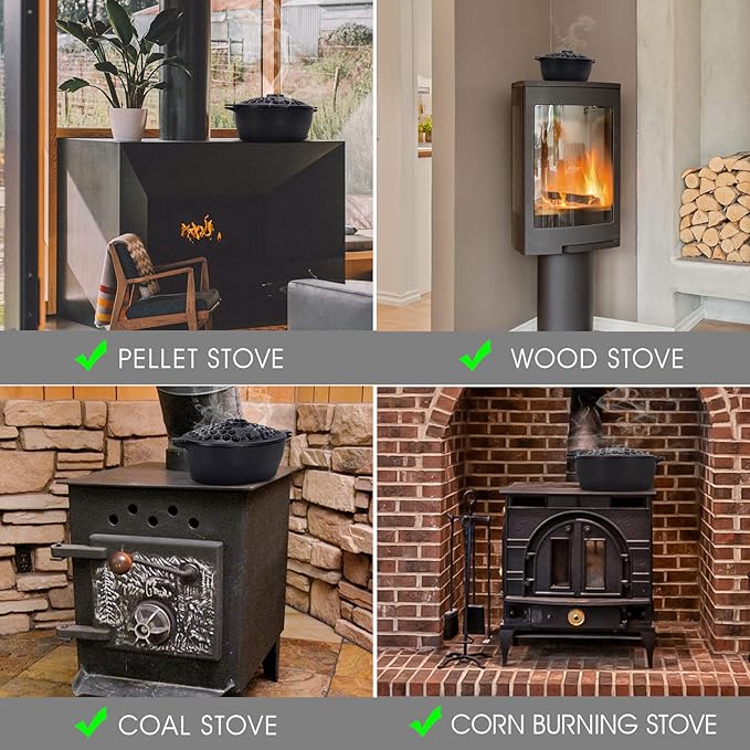 Wood Stove Steamer, Cast Iron Fireplace Humidifier, Indoor Humidifier for Home Heating, Black Bowl Fireplace Stove Covers Accessories Decorative, Matte Black Finish, Rust Resistant, 2.7 Quart Capacity