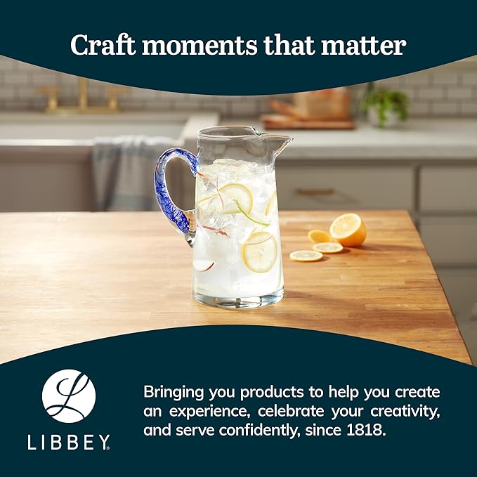 Libbey Cabos Large Glass Pitcher, 90 Oz Handcrafted Glass Water Pitcher with Spout and Blue Handle, Artisan-Inspired Water Carafe for Tables, Kitchen