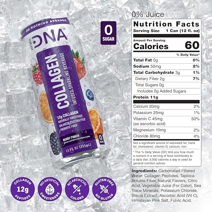 HYDRADNA- Sparkling Liquid Collagen Protein Water Drink Balanced Nutrients for Wellness - Sugar-Free - Keto-Friendly - No Gluten (12 Pack) Berry Punch-FlexoryFit