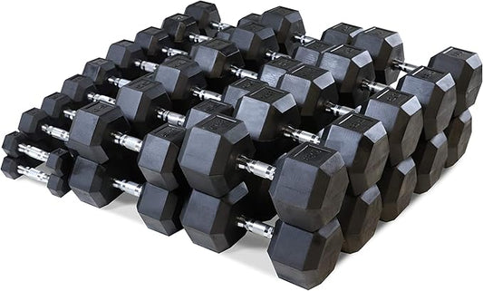 WF Athletic Supply Rubber Coated Hex Dumbbell Set, Multiple Choices Available - Dumbbells with Rack Stand and Mat, or Dumbbells Only (200/550/1200/2100/3000 LB)-FlexoryFit