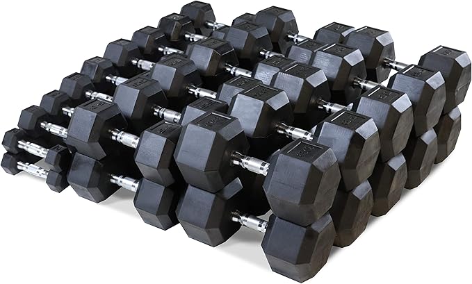 WF Athletic Supply Rubber Coated Hex Dumbbell Set, Multiple Choices Available - Dumbbells with Rack Stand and Mat, or Dumbbells Only (200/550/1200/2100/3000 LB)-FlexoryFit
