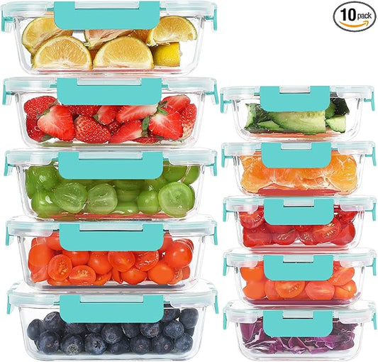 10 Pack Glass Food Storage Containers, Meal Prep Containers with Lids, Airtight Glass Lunch Boxes, Freezer, Oven, and Microwave Safe, Green-FlexoryFit
