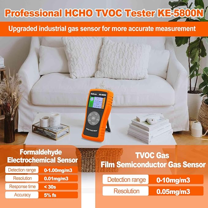 5800N Formaldehyde Detector, Portable Air Quality Monitor for Home Indoor HCHO TVOC Tester with Real-Time Alarm, Handheld Air Pollution Meter with Color LCD Display