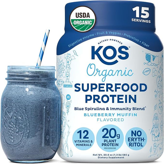 KOS Plant Based Protein Powder, Blueberry Muffin - Organic Pea Protein Superfood with Spirulina and Immune Support Blend. Soy, Gluten, Dairy Free - Vegan Meal Replacement for Women & Men - 15 Servings-FlexoryFit