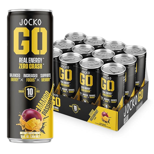 Jocko GO Energy Drink - Keto, Vitamin B12, Vitamin B6, Electrolytes, L Theanine, Magnesium- Energy Boost, Sugar Free Nootropic Monk Fruit Blend - 12 Pack (Mango Passionfruit)-FlexoryFit