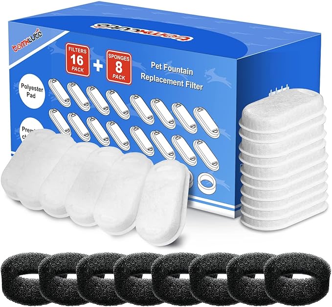 Official Replacement Filters for Tomxcute Cat Water Fountain 108oz/3.2L and 135oz/4.0L, 16 Pack Filters & 8 Sponges Foam Filter