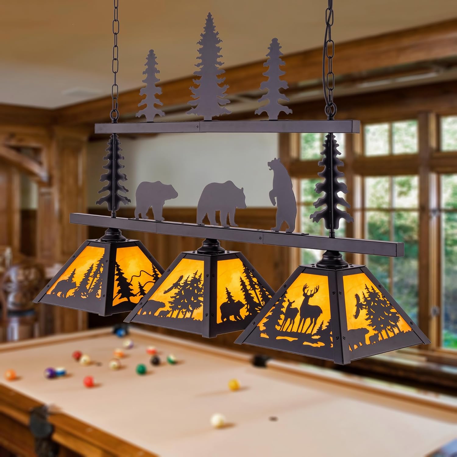 Tochic Rustic Billiard Table Light 3 Lights Vintage Billiard Lights for Over Pool Table, 46.5" Western Pool Table Lights Hanging Fixture Farmhouse Chandelier for Snooker Game Room Man Cave Dining Room