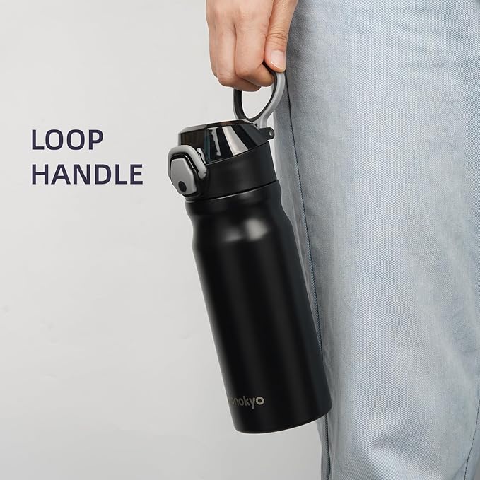 Insulated Water Bottle with Straw and Carry Loop,18 oz Stainless Steel Double Wall Vaccum Metal Water Flask with Leak-proof Lid,Black-FlexoryFit