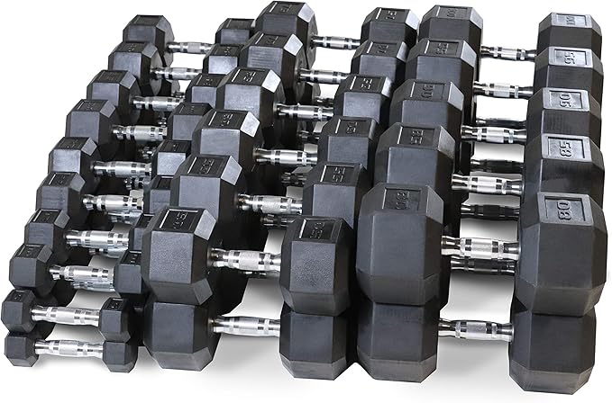 WF Athletic Supply Rubber Coated Hex Dumbbell Set, Multiple Choices Available - Dumbbells with Rack Stand and Mat, or Dumbbells Only (200/550/1200/2100/3000 LB)-FlexoryFit